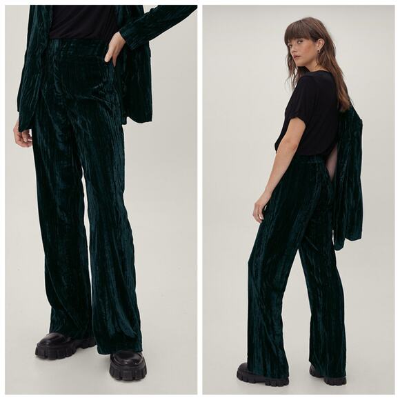 Nasty Gal Crushed Velvet High Waisted Wide Leg Pants Size 4 NWT Emerald - Picture 8 of 8